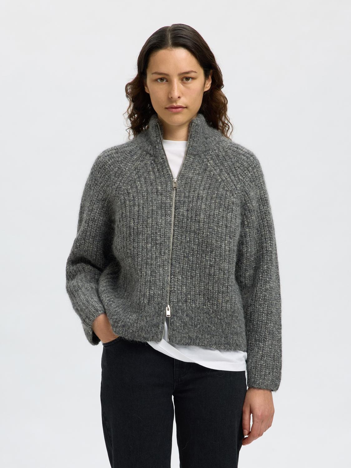 Slfanjuli Ls Knit Zip Cardigan Mellomgrå