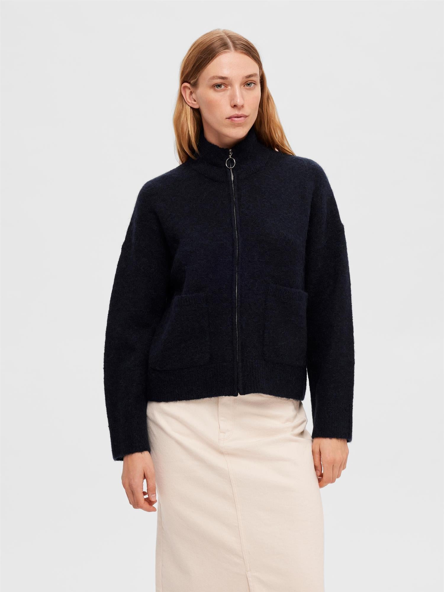 SLFSIA RAS LS KNIT ZIPPER CARDIGAN Mørkeblå