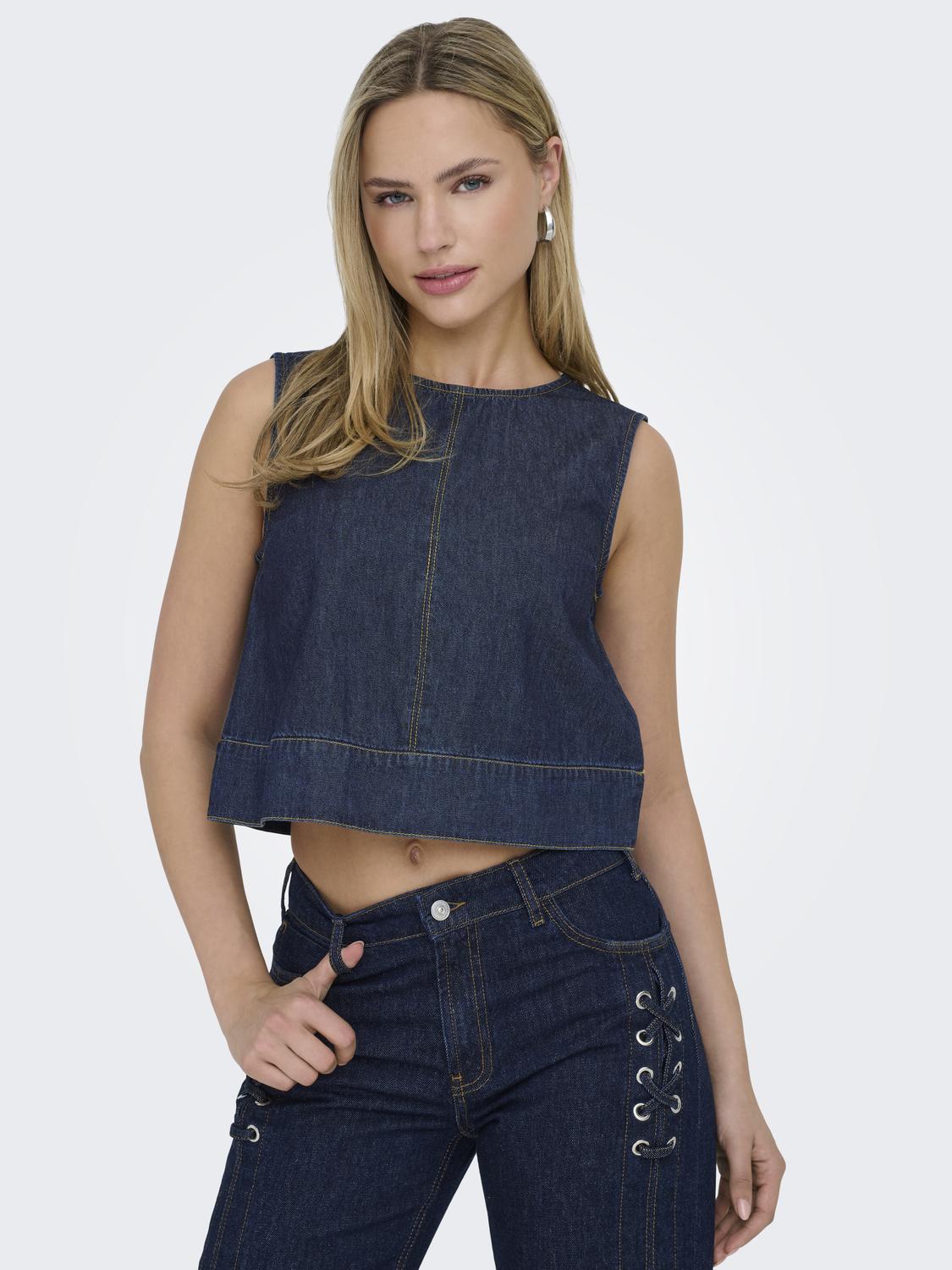 JDYSABRINA ROUNDNECK S/L TOP DNM Mørkeblå