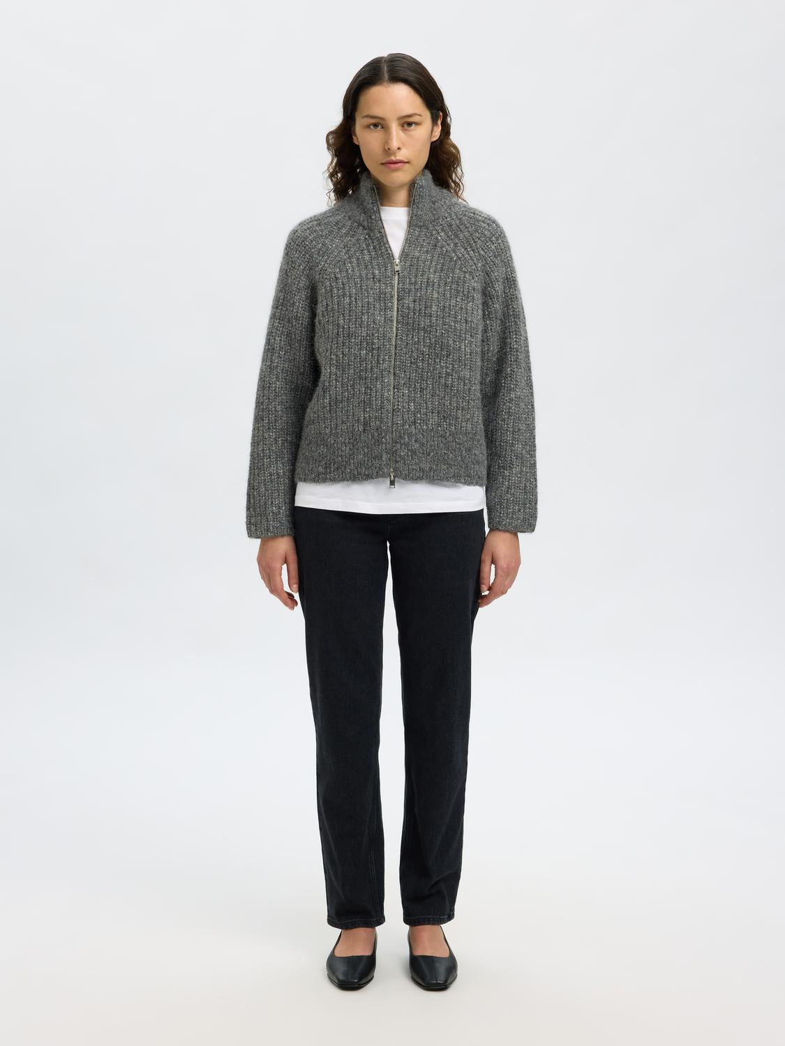 Slfanjuli Ls Knit Zip Cardigan Mellomgrå