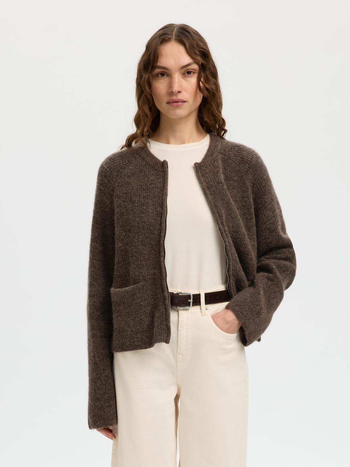 Slfsia Ras Ls Knit Short Cardigan Brun