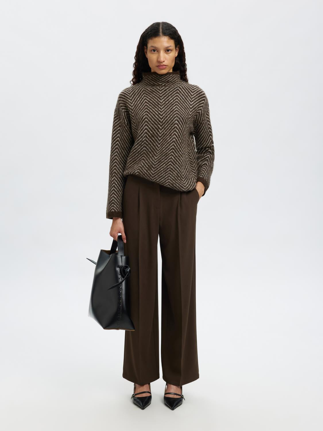 Slflulu Ls Herringbone Knit High Neck Brun