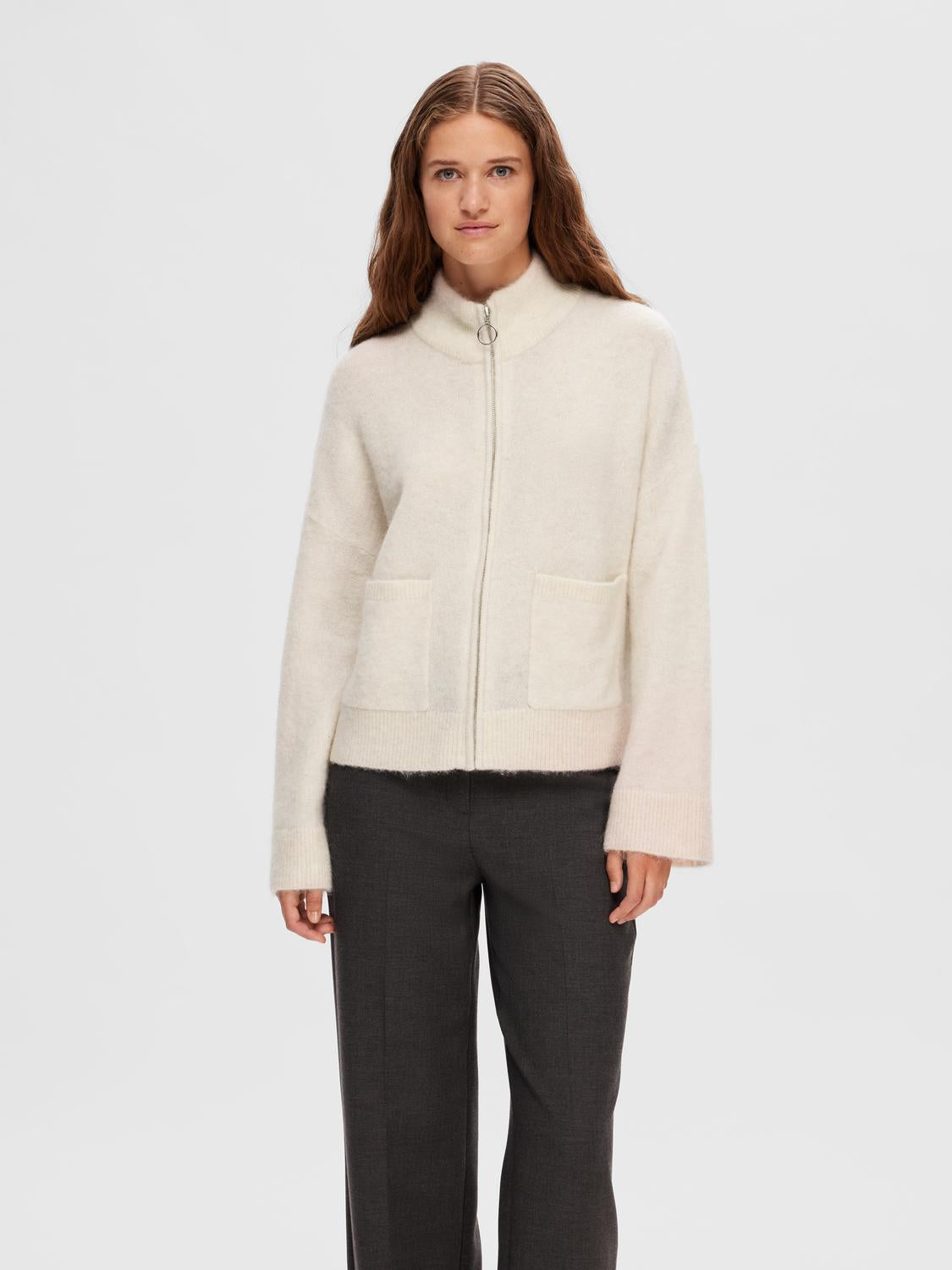 SLFSIA RAS LS KNIT ZIPPER CARDIGAN Beige