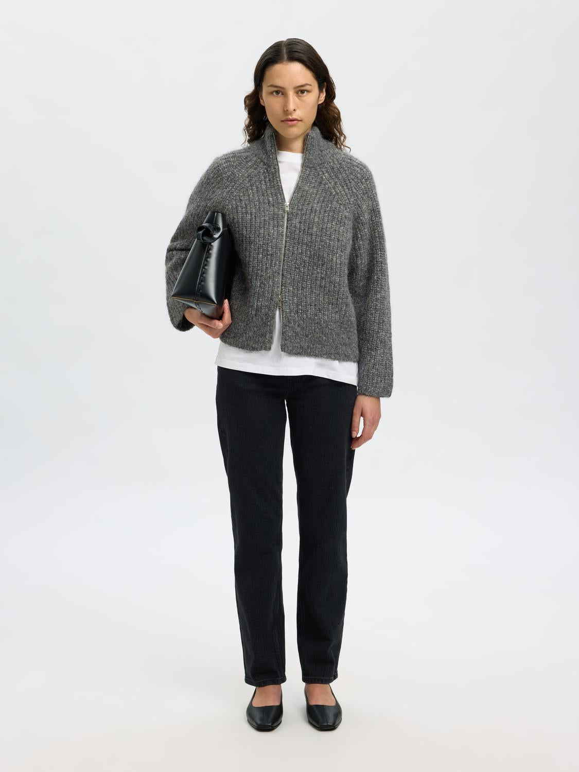 Slfanjuli Ls Knit Zip Cardigan Mellomgrå