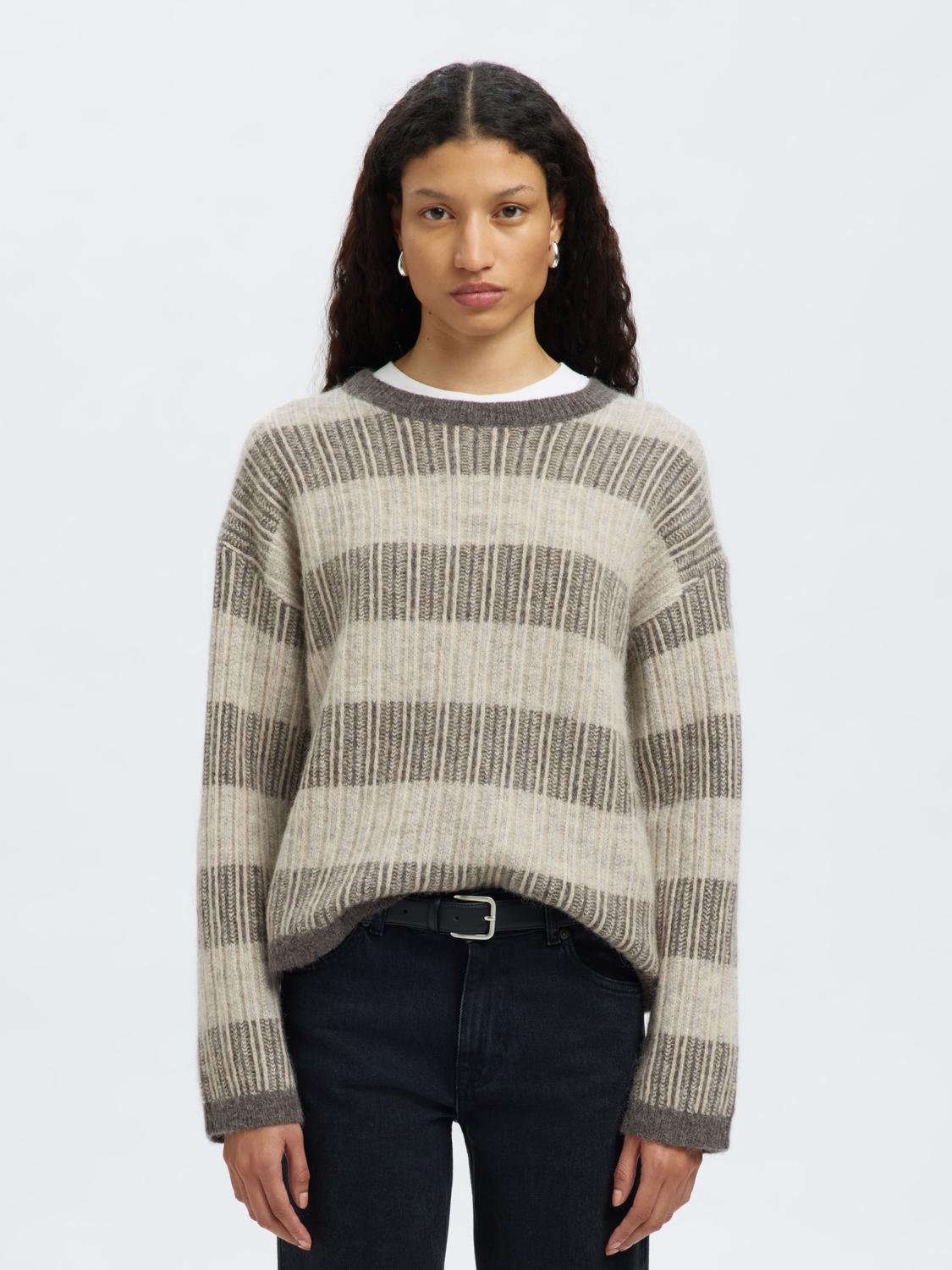 Slfalva Ls Knit Stripe O-Neck Grå