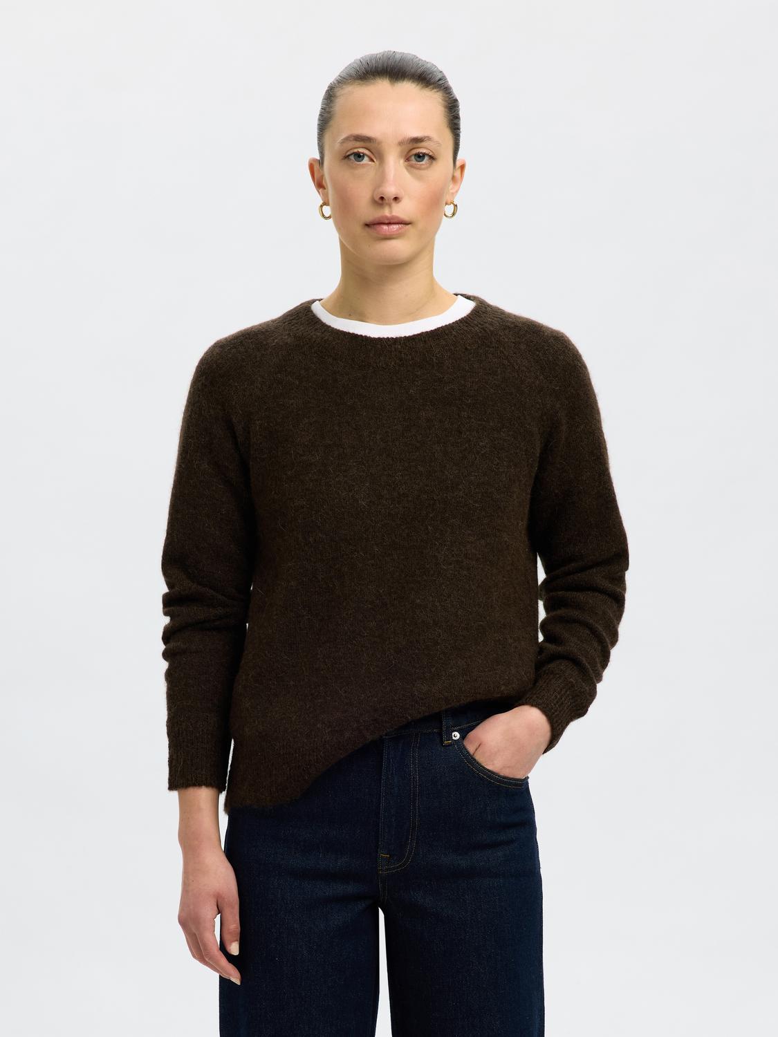 Slflulu Ls Knit O-Neck Noos Mørkebrun