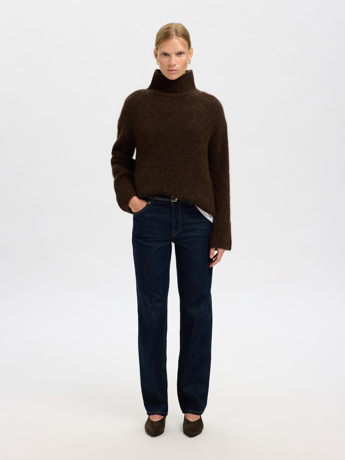 Slfgabriella Ls Knit High Neck Noos Mørkebrun