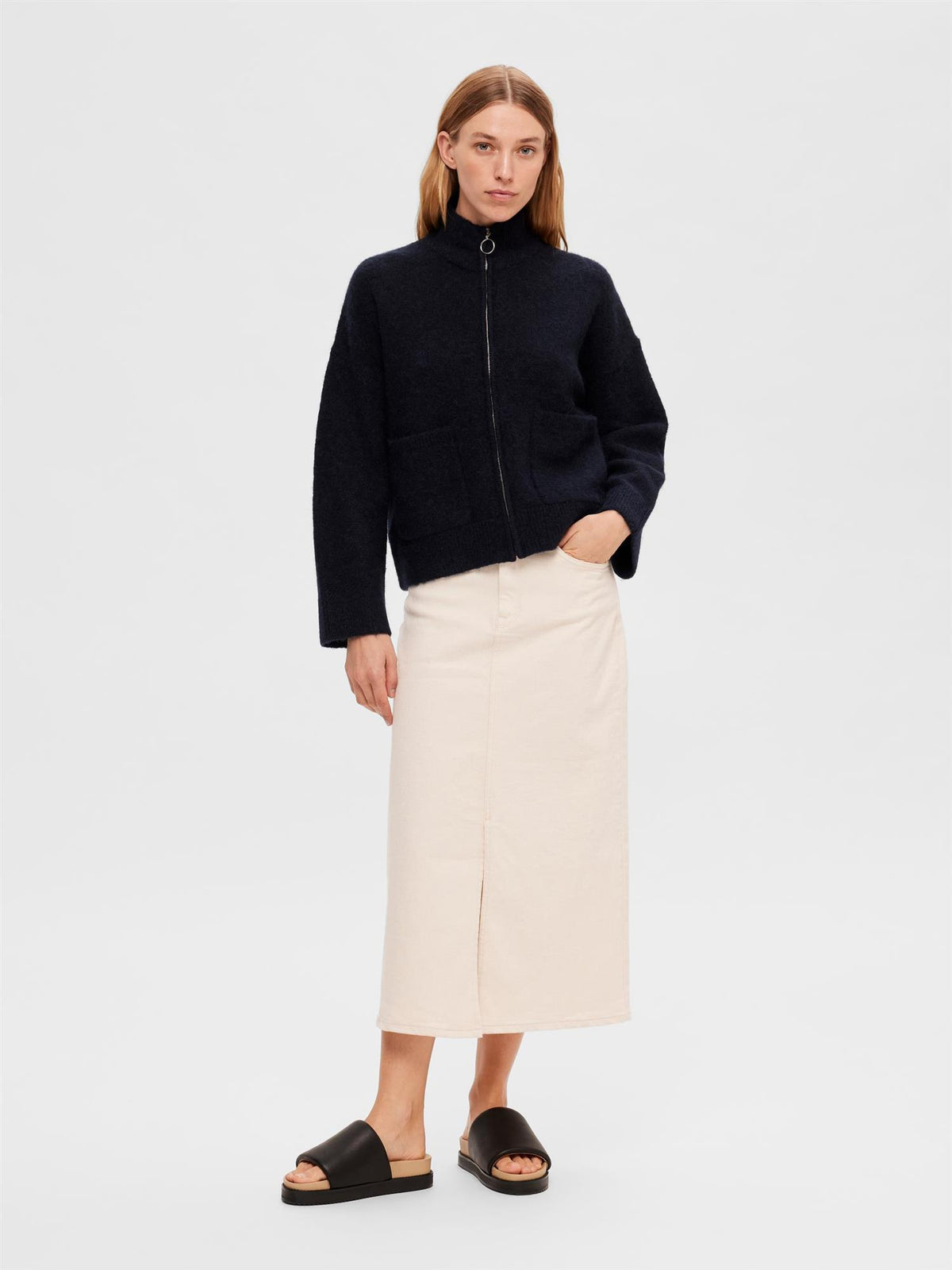 SLFSIA RAS LS KNIT ZIPPER CARDIGAN Mørkeblå