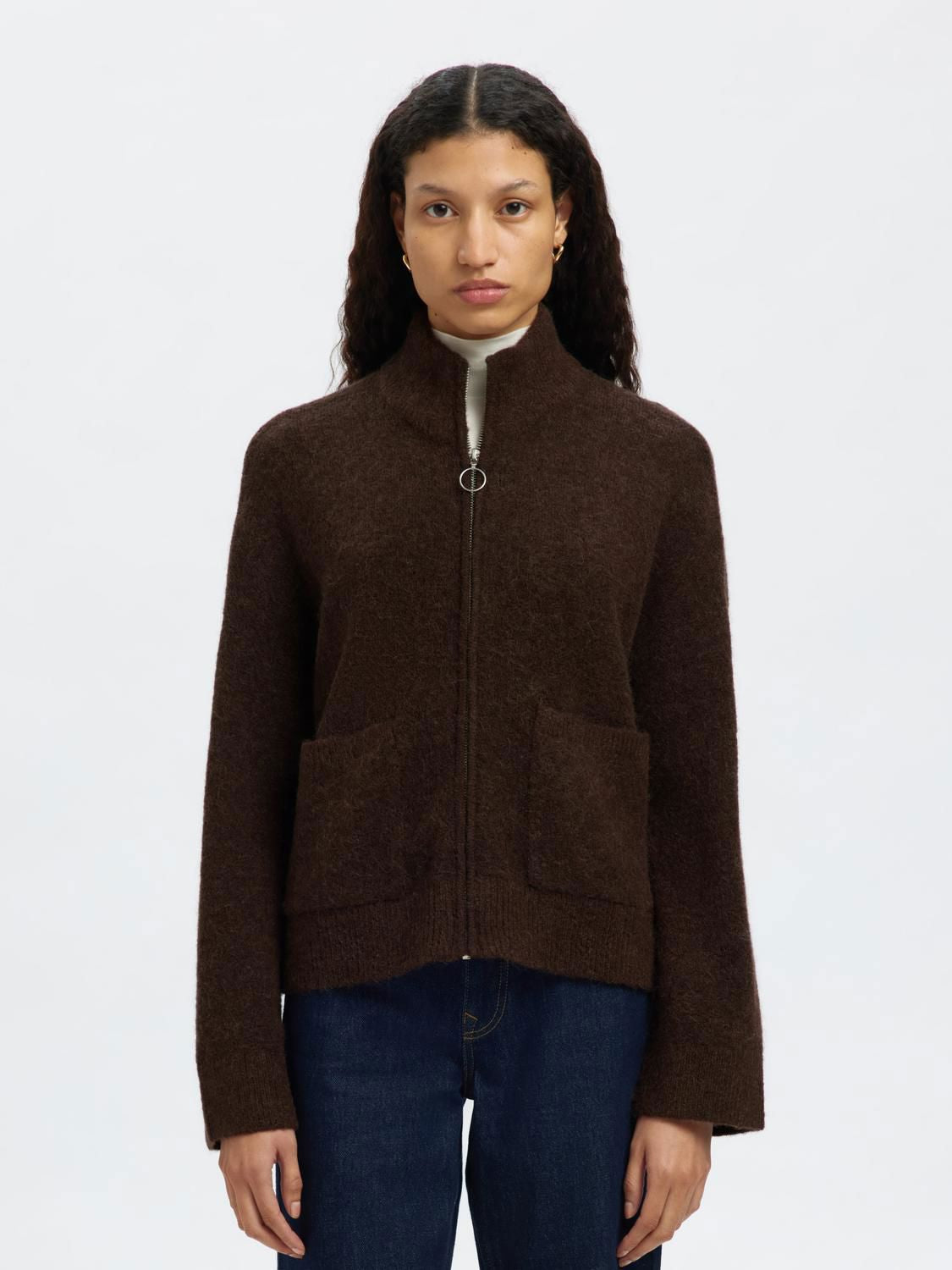 Slwsia Ras Ls Knit Zipper Cardigan Noos Brun
