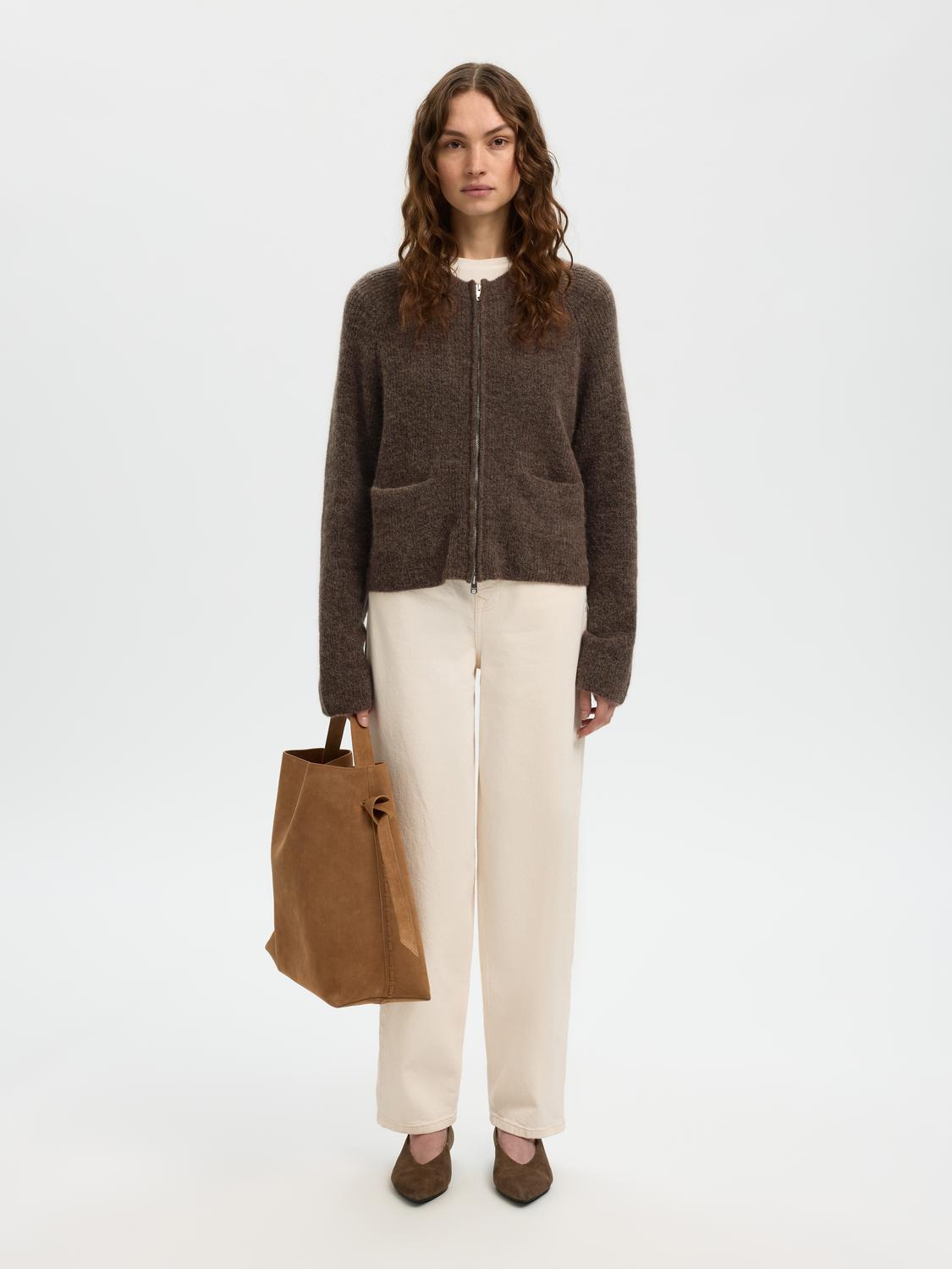 Slfsia Ras Ls Knit Short Cardigan Brun