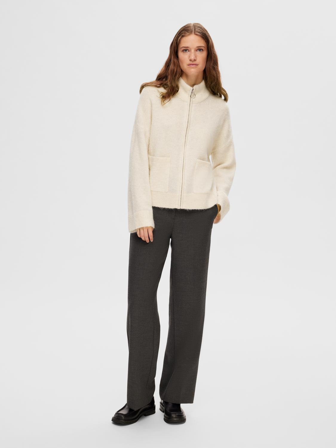 SLFSIA RAS LS KNIT ZIPPER CARDIGAN Beige