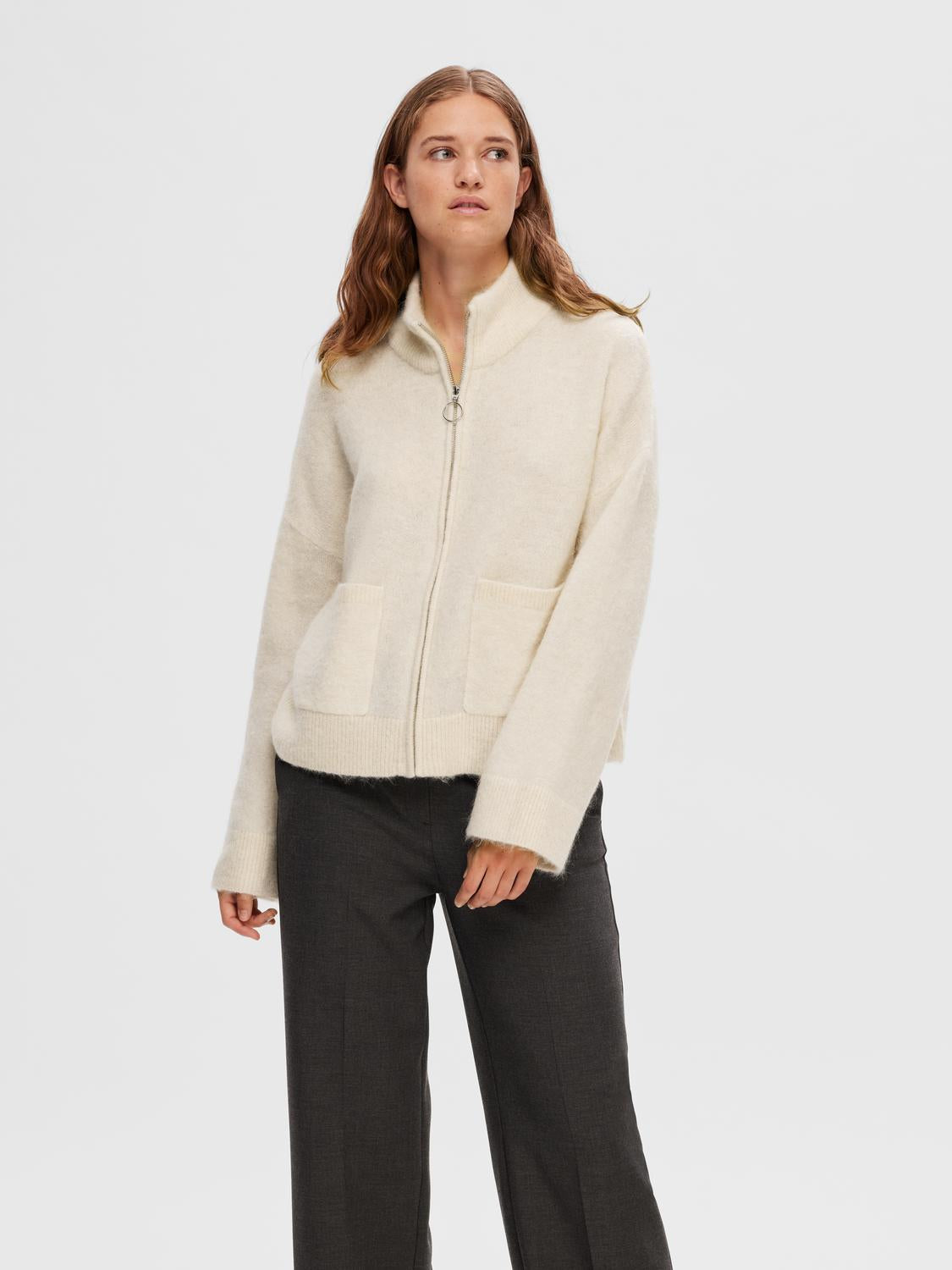 SLFSIA RAS LS KNIT ZIPPER CARDIGAN Beige