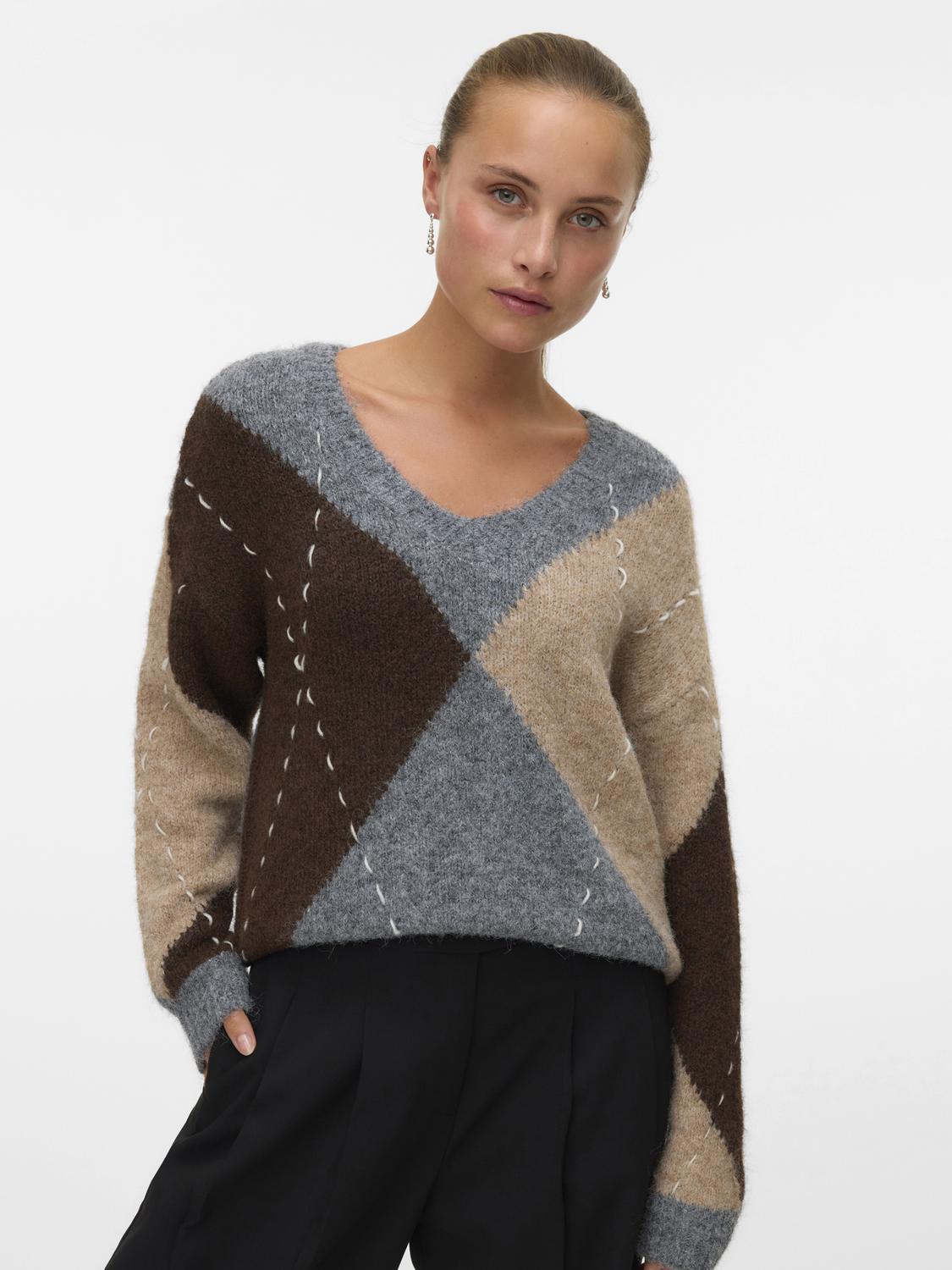 Vmbliss Ls V-Neck Handstitch Pullover Ga Grå