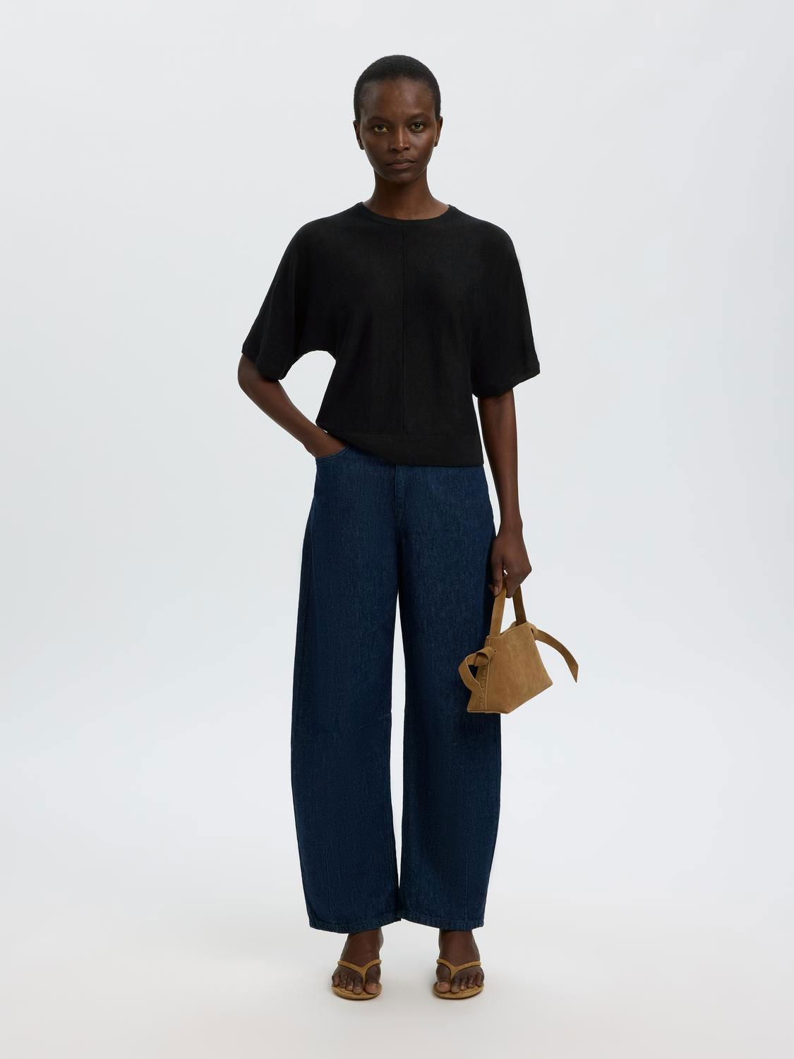 Slfjane Linen 2/4 Bat Knit O-Neck Sort