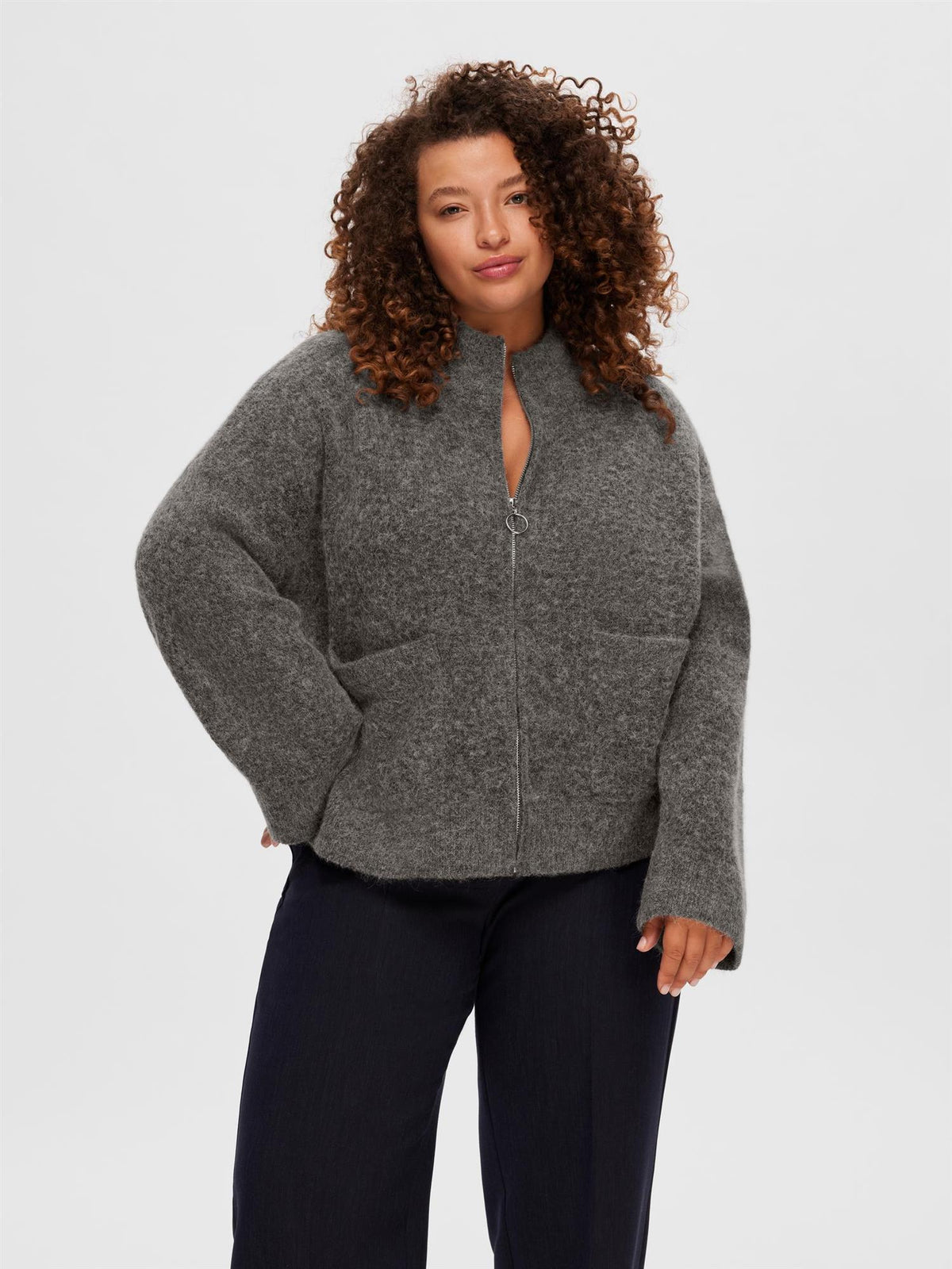 SLFSIA RAS LS KNIT ZIPPER CARDIGAN Grå