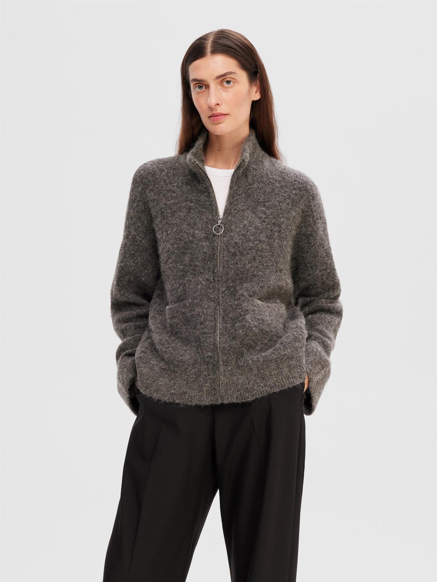 SLFSIA RAS LS KNIT ZIPPER CARDIGAN Grå