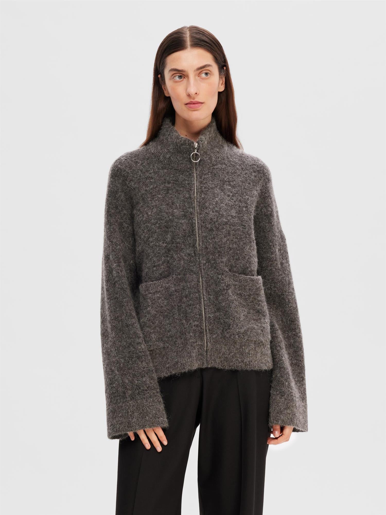 SLFSIA RAS LS KNIT ZIPPER CARDIGAN Mellomgrå