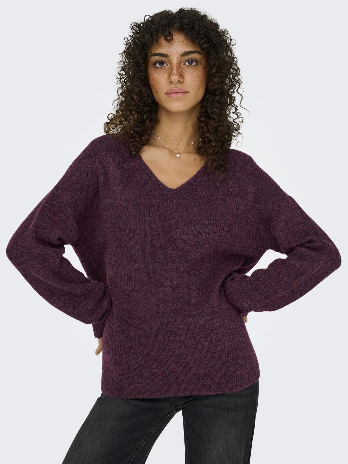 Onlcamilla V-Neck L/s Pullover Knt Noos Burgunder