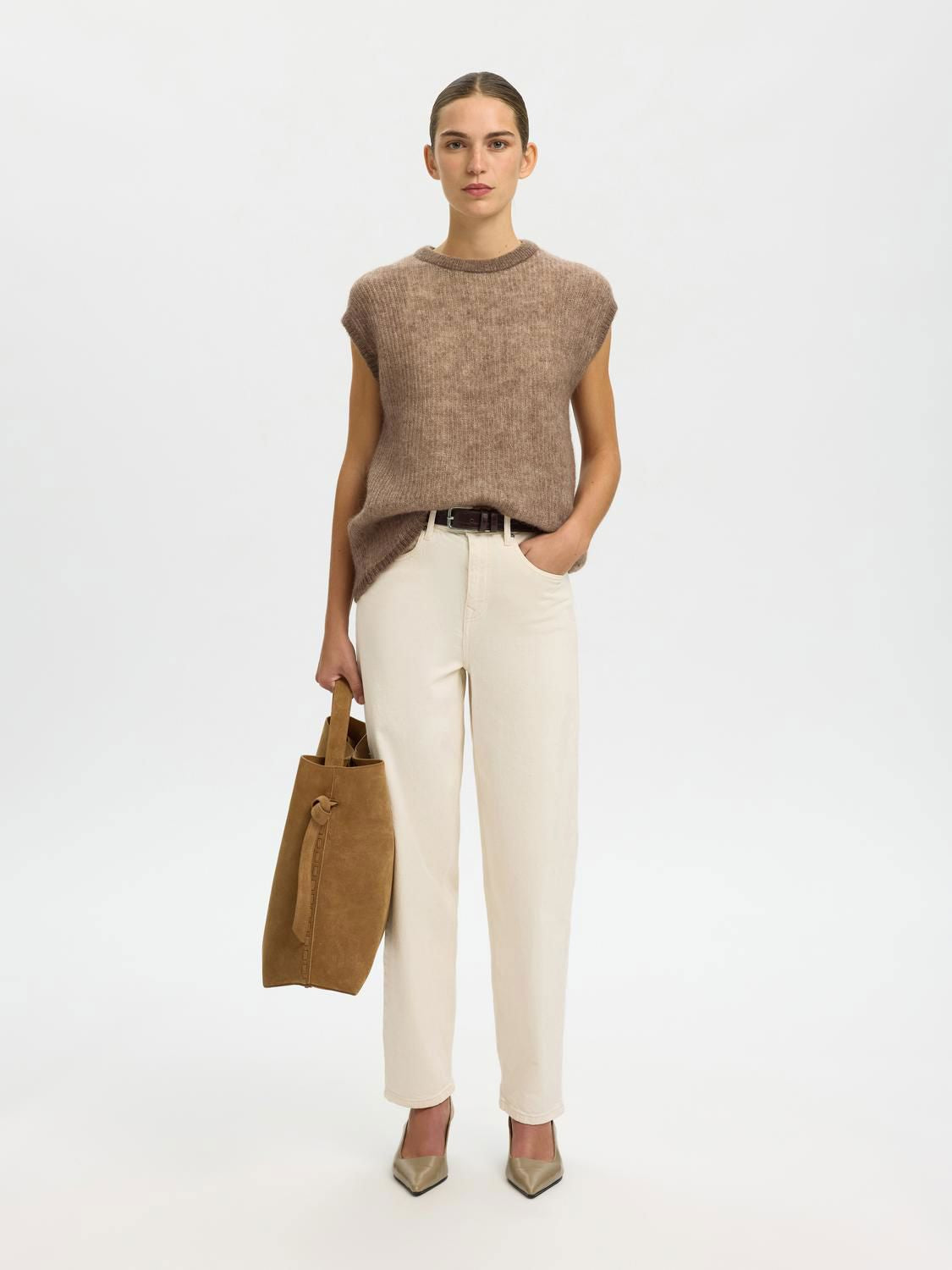 Slflulu Loose Sl Knit O-Neck Beige