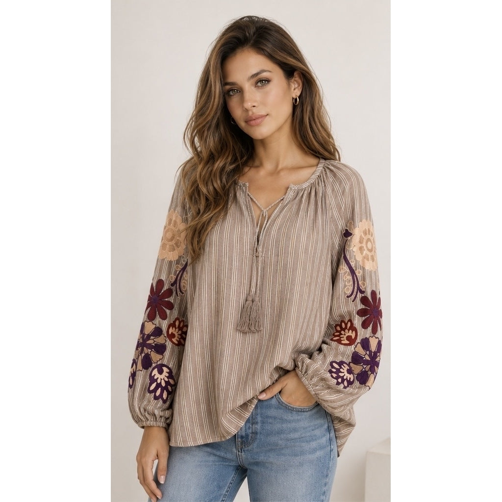 BOHEME SHIRT W/EMBRODERY & STRIPES Brun