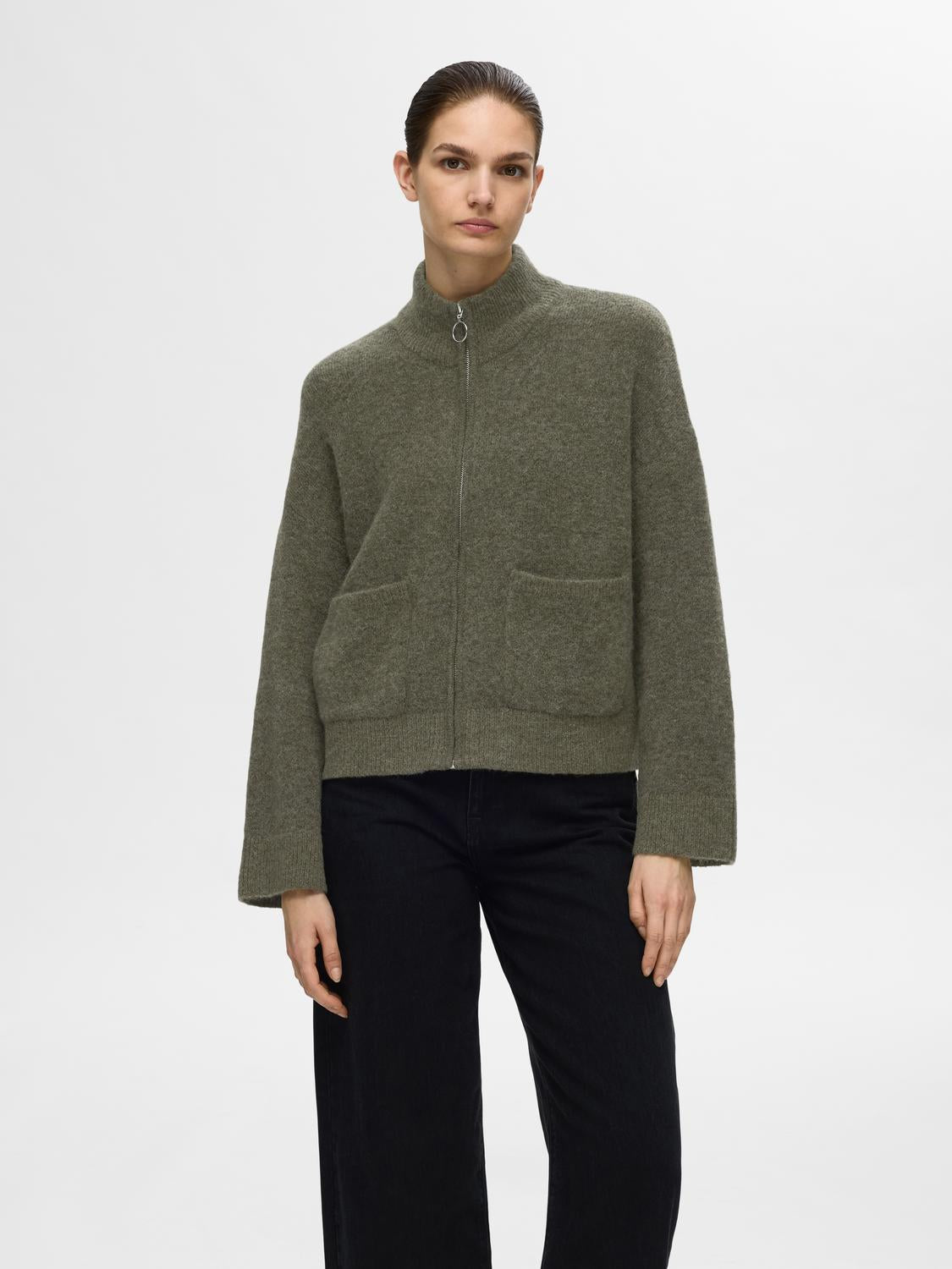 SLFSIA RAS LS KNIT ZIPPER CARDIGAN Grønn