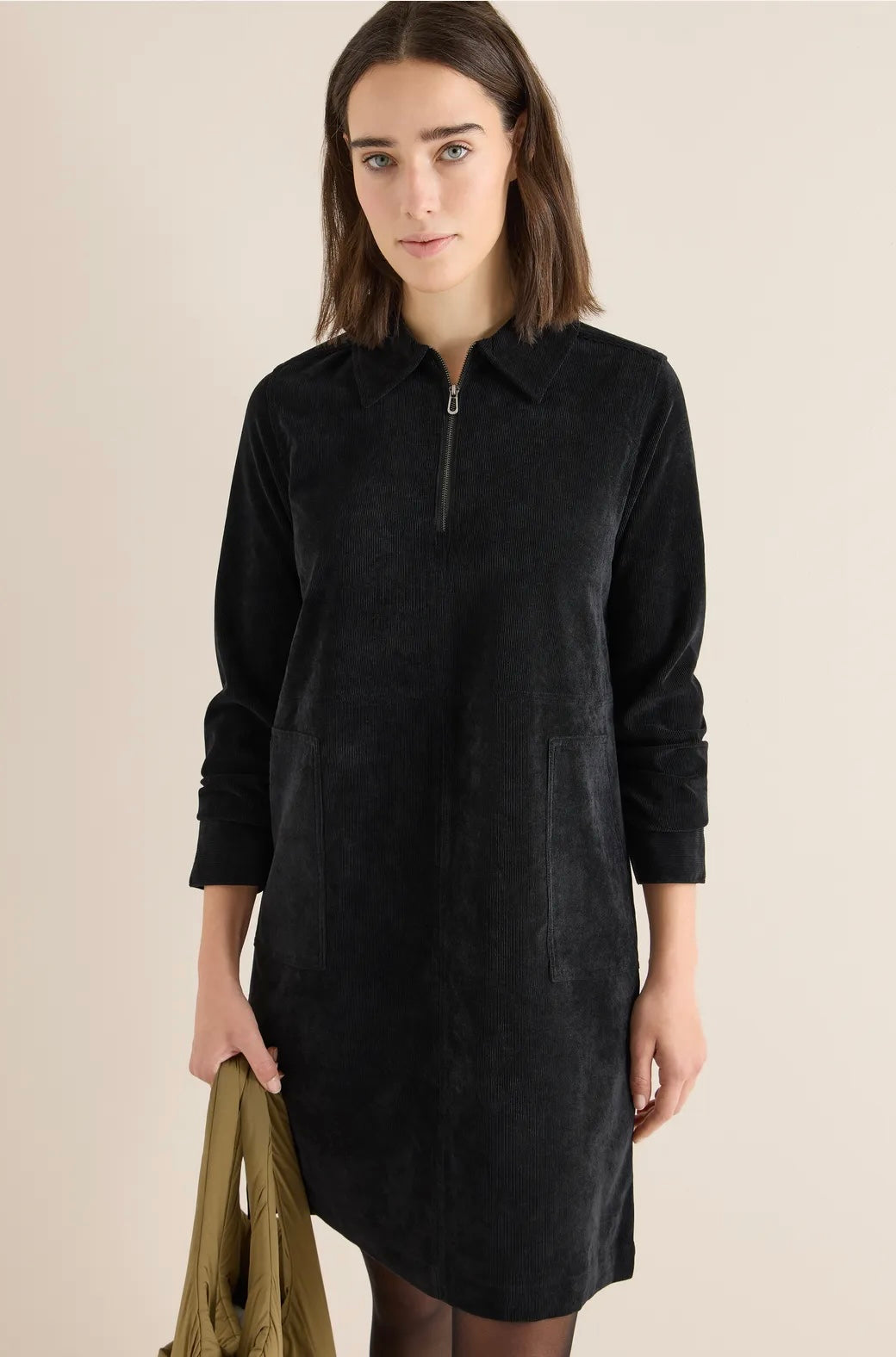 SOLID ZIPPER CORDUROY DRESS Svart