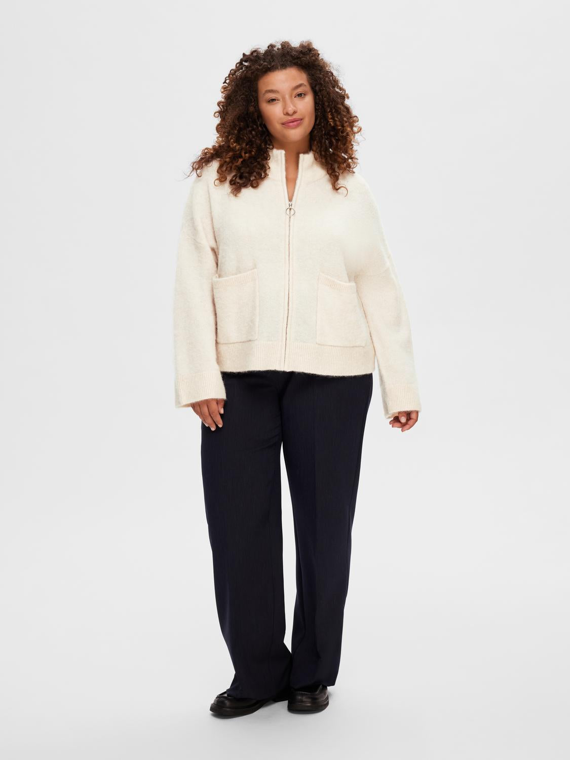 SLFSIA RAS LS KNIT ZIPPER CARDIGAN Beige