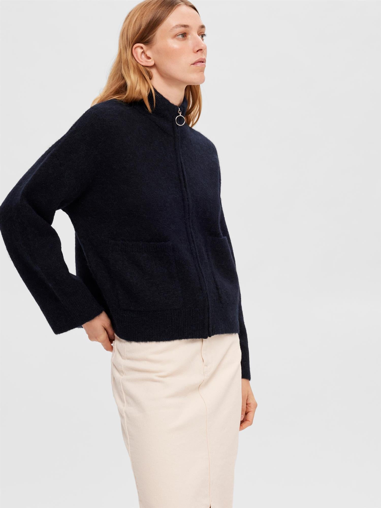 SLFSIA RAS LS KNIT ZIPPER CARDIGAN Mørkeblå