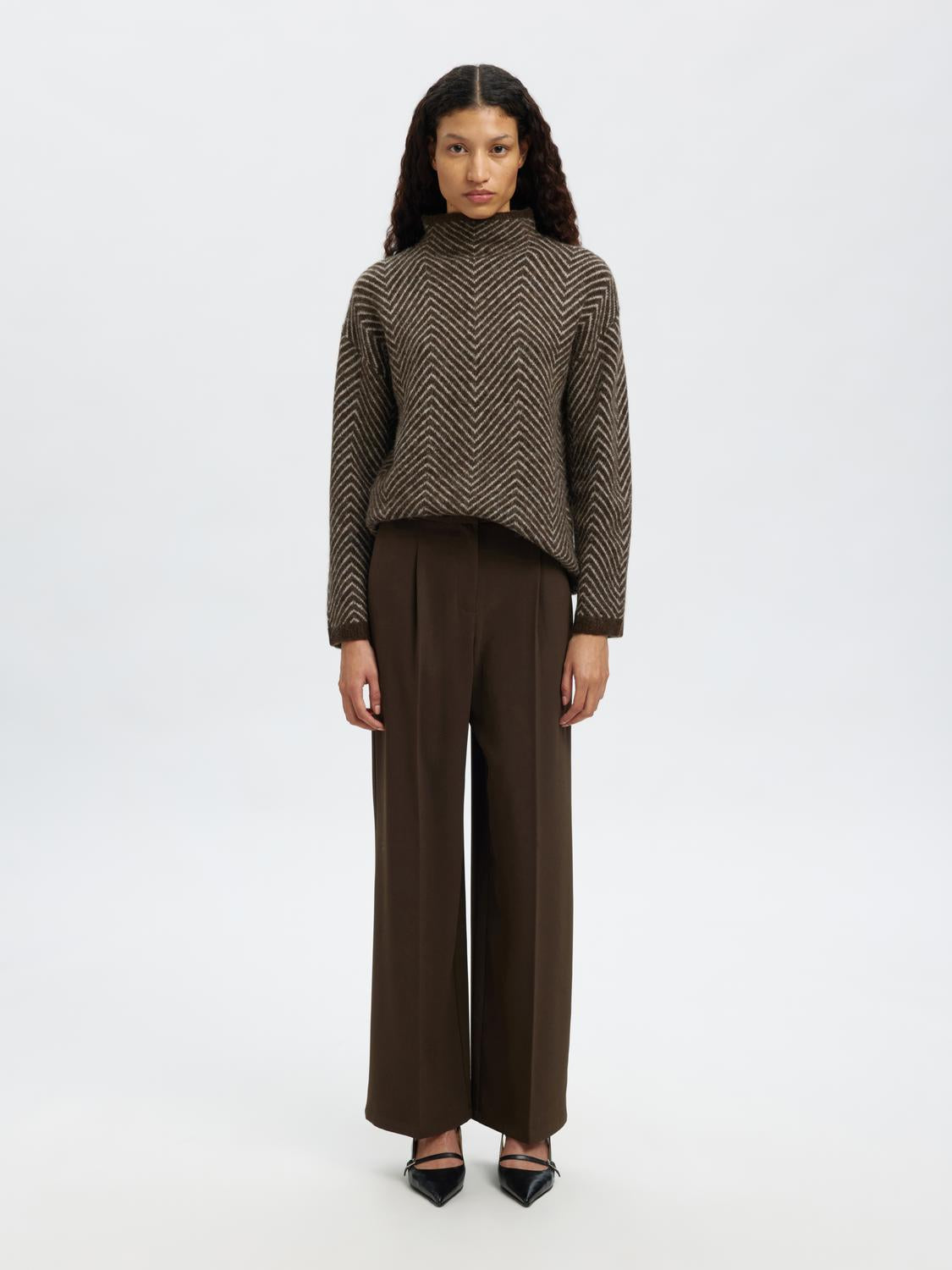 Slflulu Ls Herringbone Knit High Neck Brun