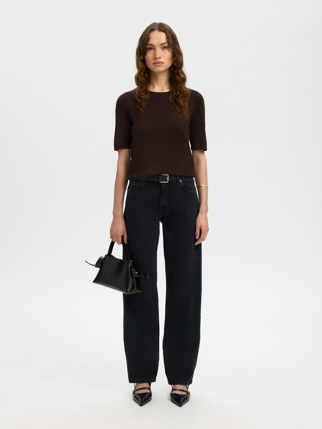 Slflura 2/4 Knit O-Neck Brun