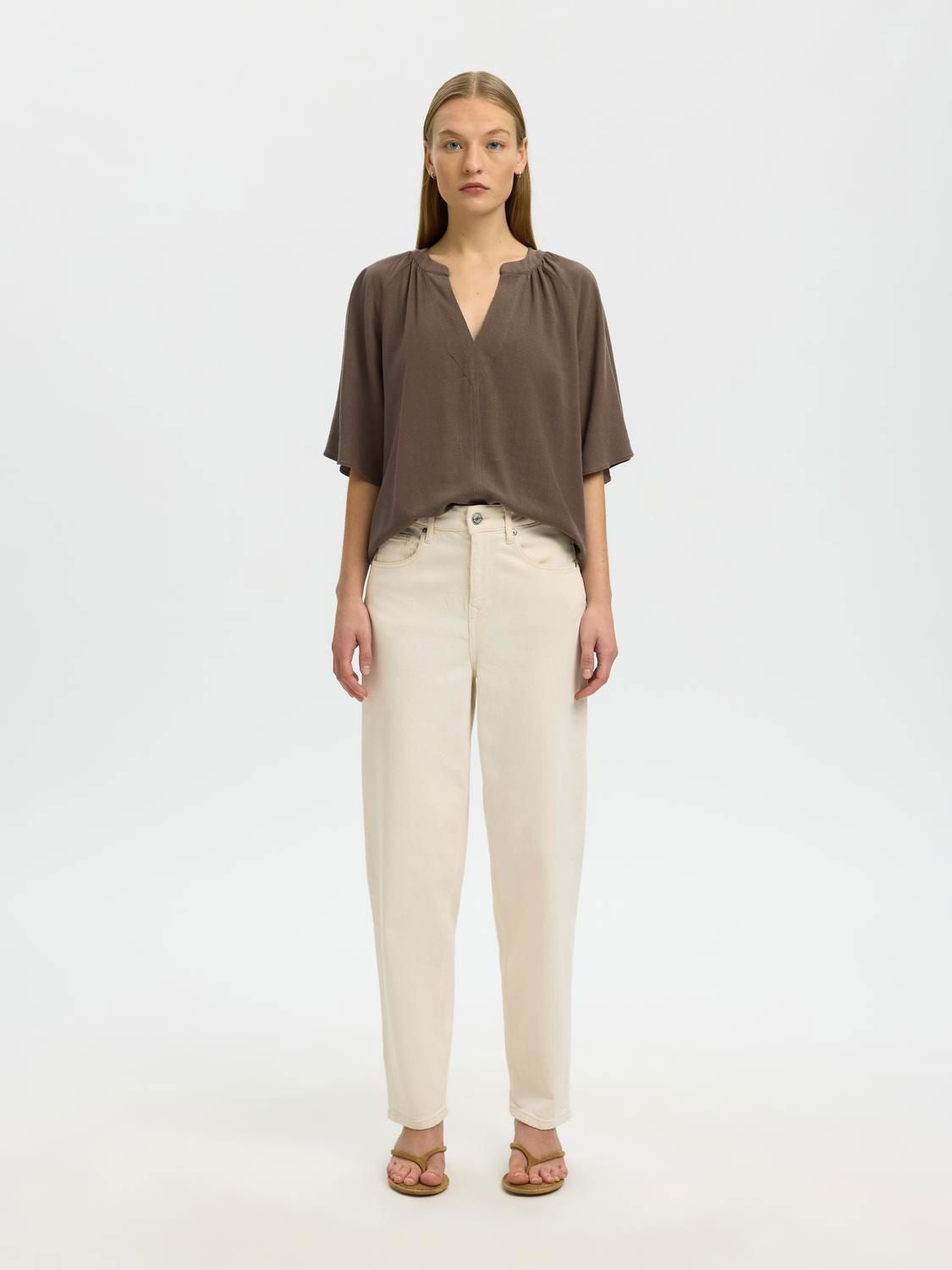 Slwviva 2/4 V-Neck Linen Blend Top Noos Beige