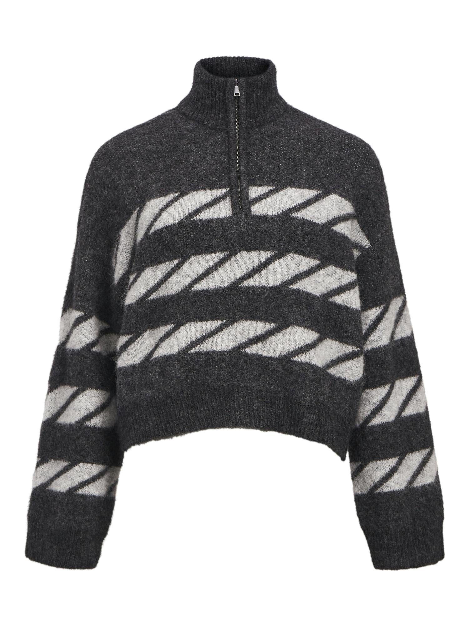 OBJNETE L/S LO ZIP KNIT PULLOVER Dark Grey Melange