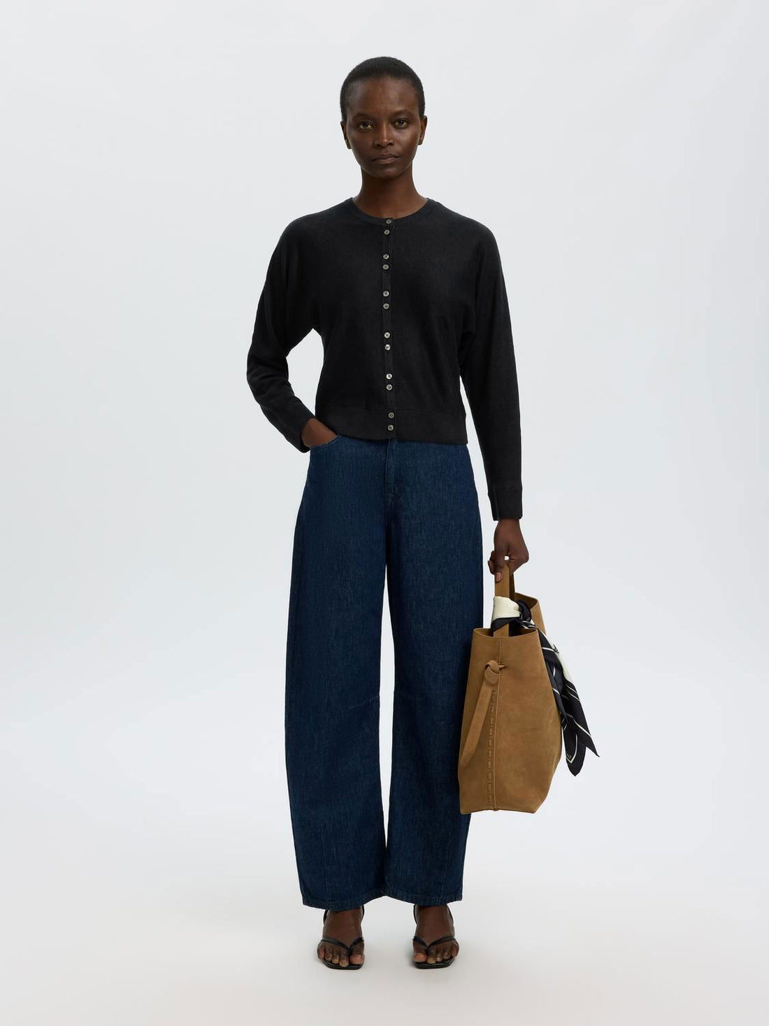 Slfjane Linen Ls Bat Knit Cardigan Sort