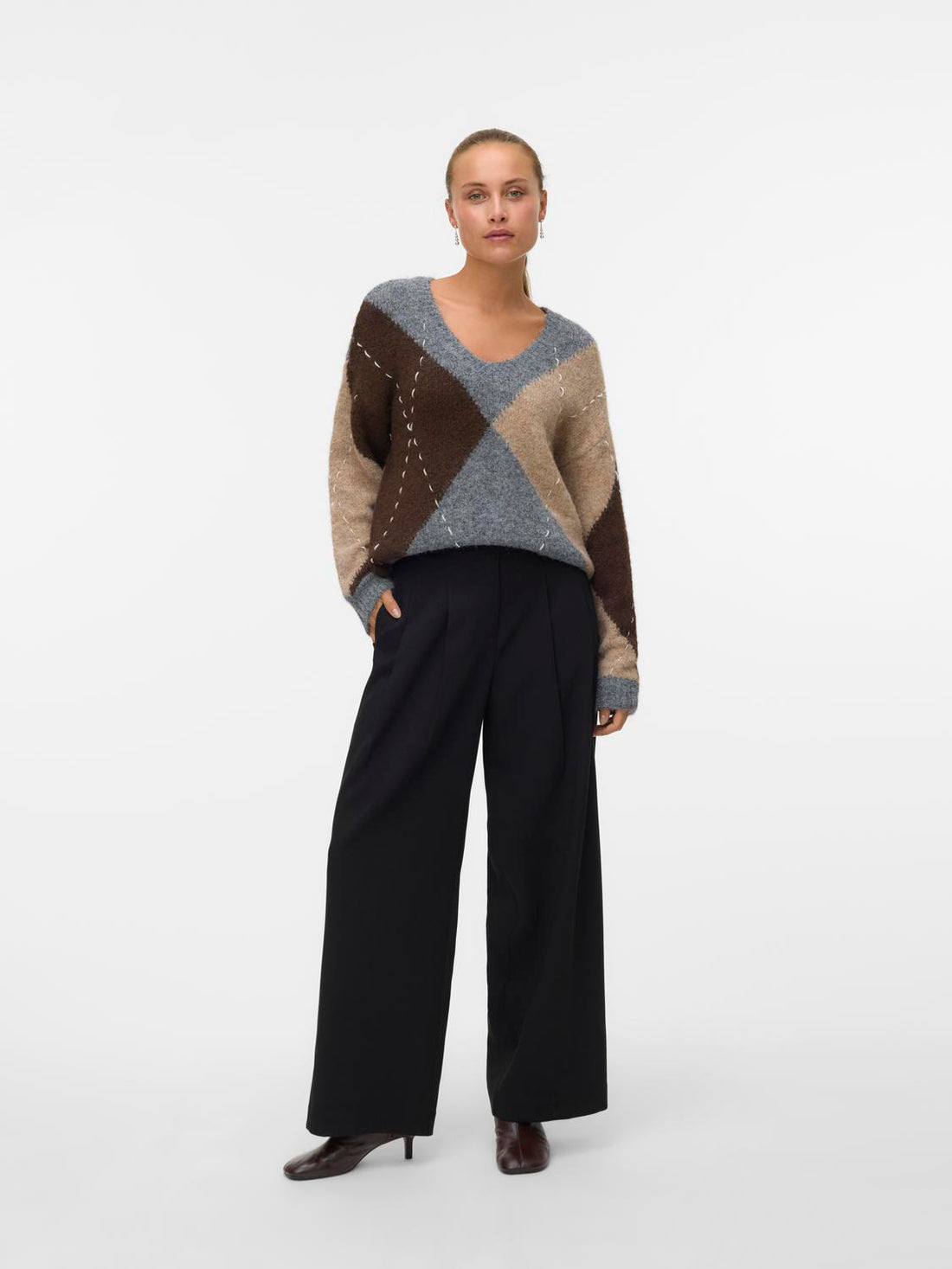 Vmbliss Ls V-Neck Handstitch Pullover Ga Grå