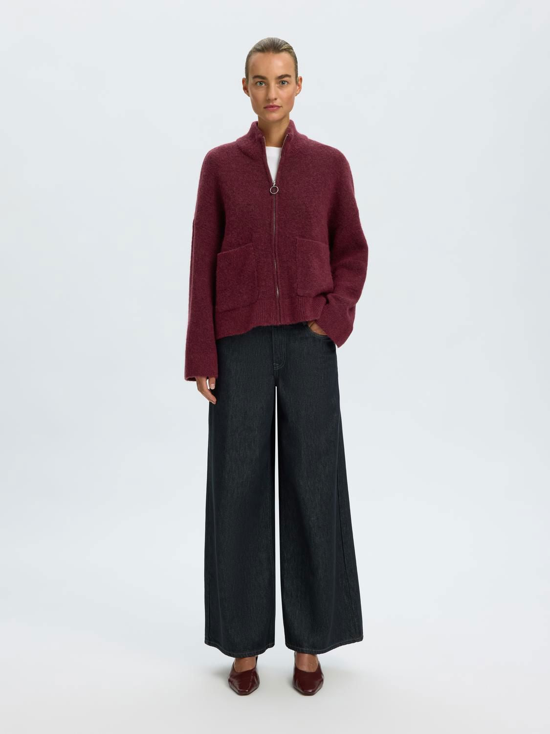 Slwsia Ras Ls Knit Zipper Cardigan Noos Burgunder