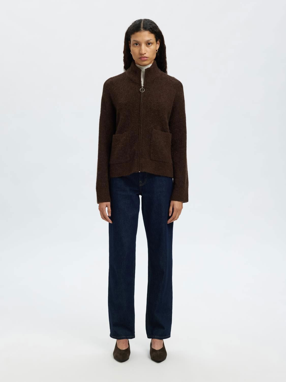 Slwsia Ras Ls Knit Zipper Cardigan Noos Brun