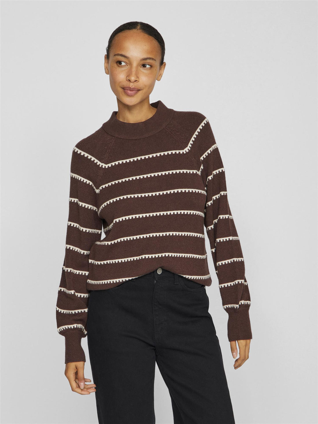 VIRIL CREW NECK L/S STRIPE KNIT TOP Coffee Bean