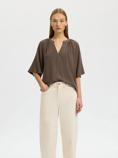 Slwviva 2/4 V-Neck Linen Blend Top Noos Beige
