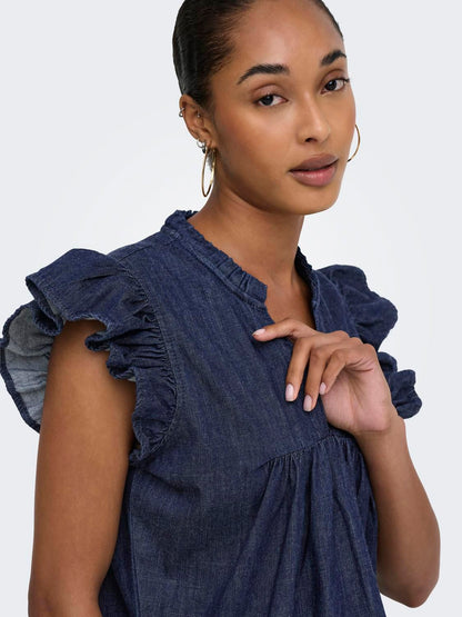 Onlshania S/l Frill Short Dnm Dress Noos Blå
