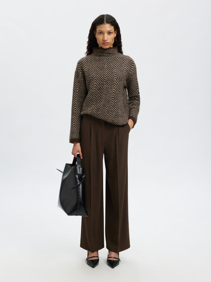 Slflulu Ls Herringbone Knit High Neck Mørkebrun
