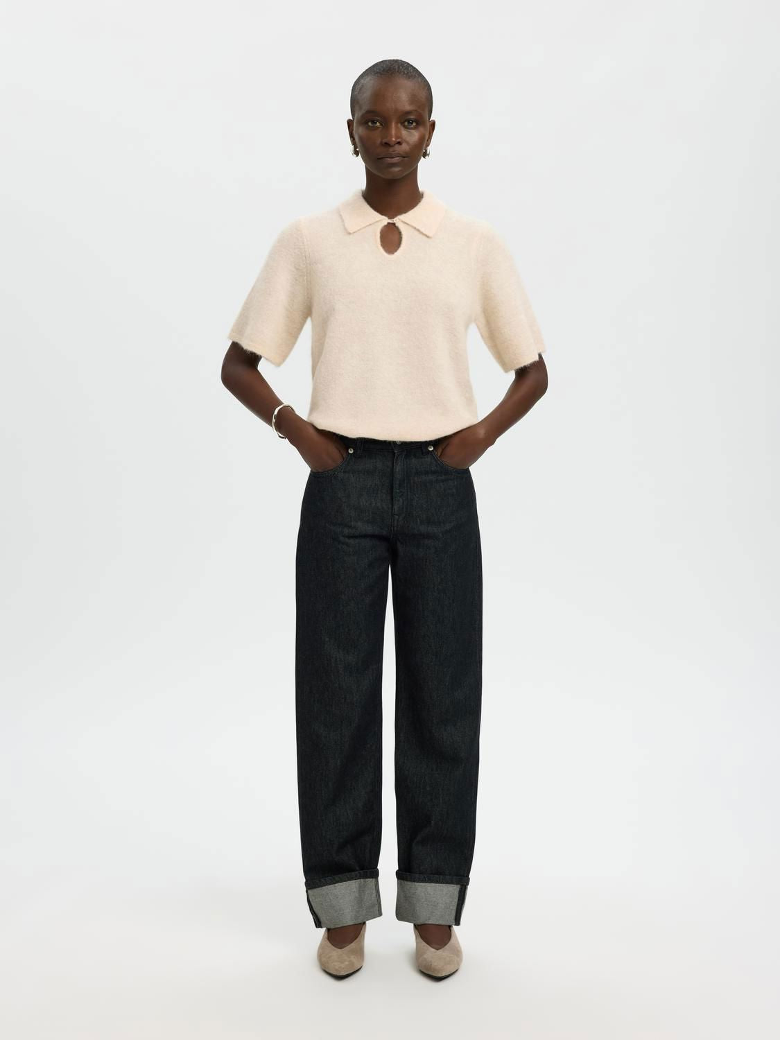 Slfsia Ras 2/4 Knit Key Hole Collar Neck Beige