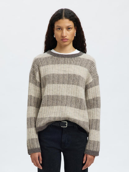 Slfalva Ls Knit Stripe O-Neck Grå