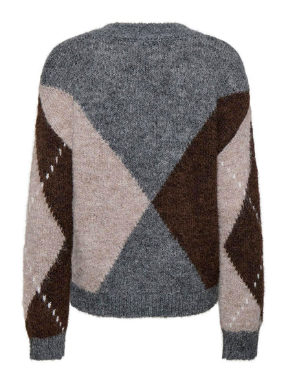 Jdyzoey L/s Vn Argyle Pullover Knt Noos Grå
