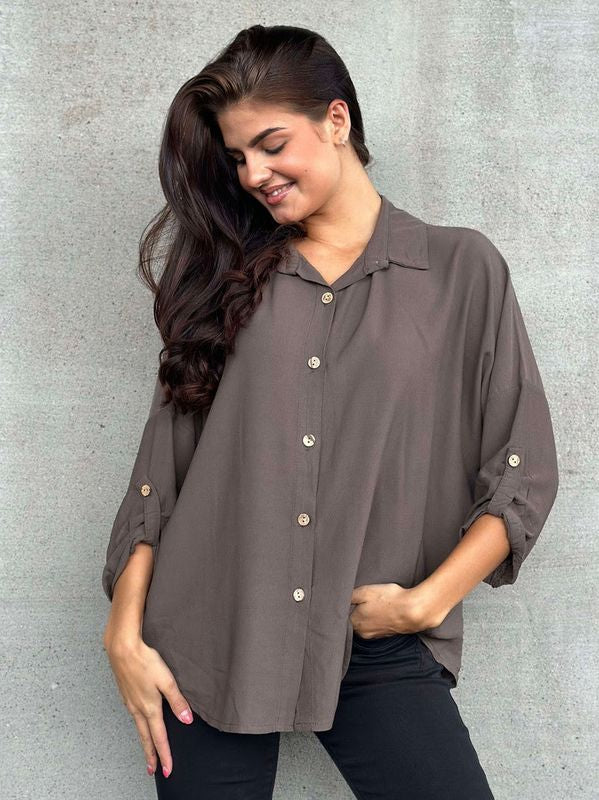 SKJORTEBLUSE VISKOSE ONESIZE Brun