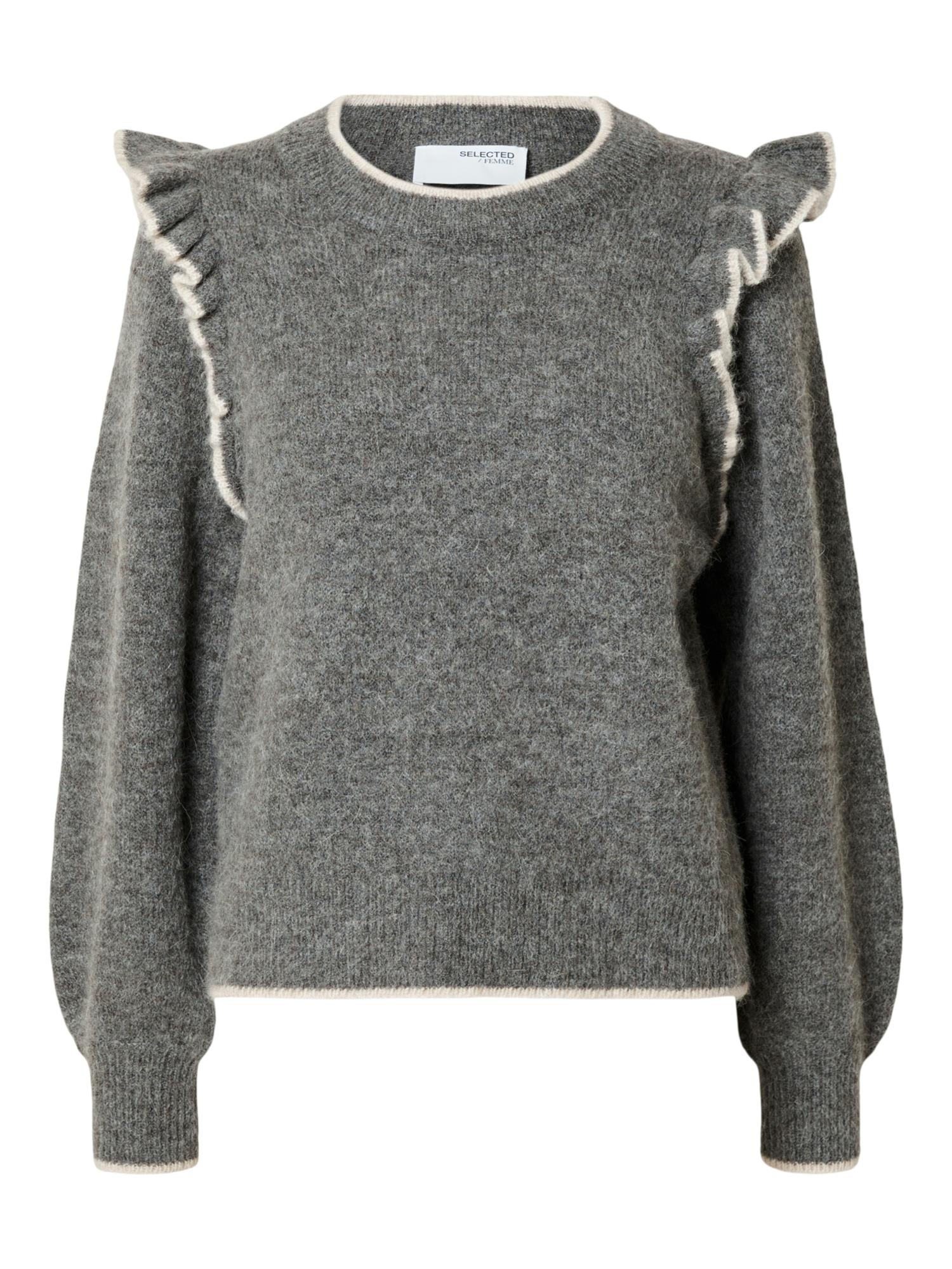 SLFALVA FRILLS LS KNIT O-NECK Medium Grey Melange