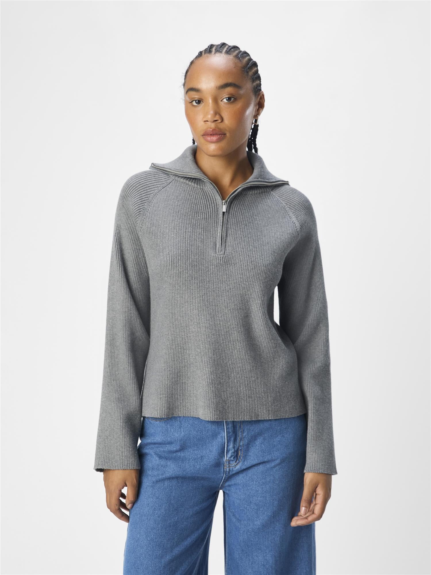 OBJELLY RE L/S ZIP KNIT PULLOVER Medium Grey Melange