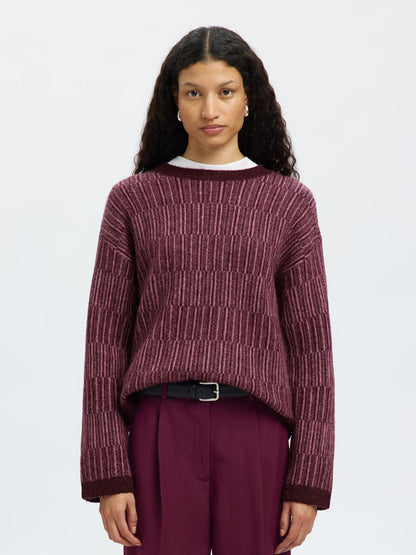 Slfalva Ls Knit Stripe O-Neck Burgunder