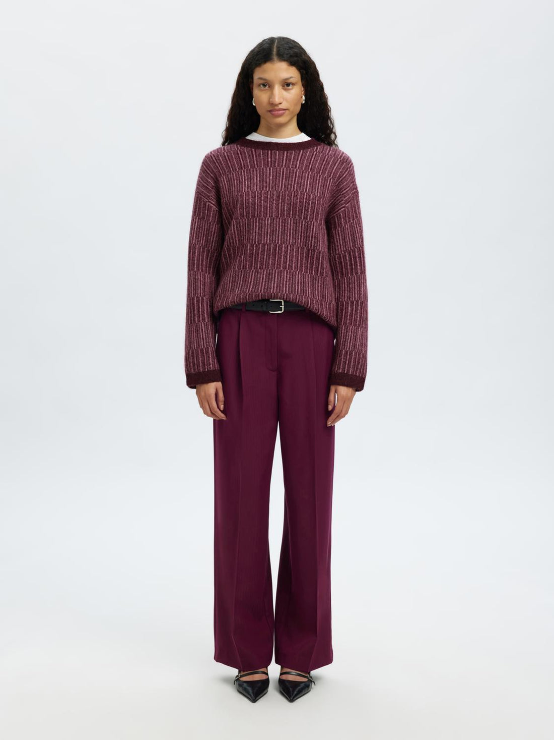 Slfalva Ls Knit Stripe O-Neck Burgunder