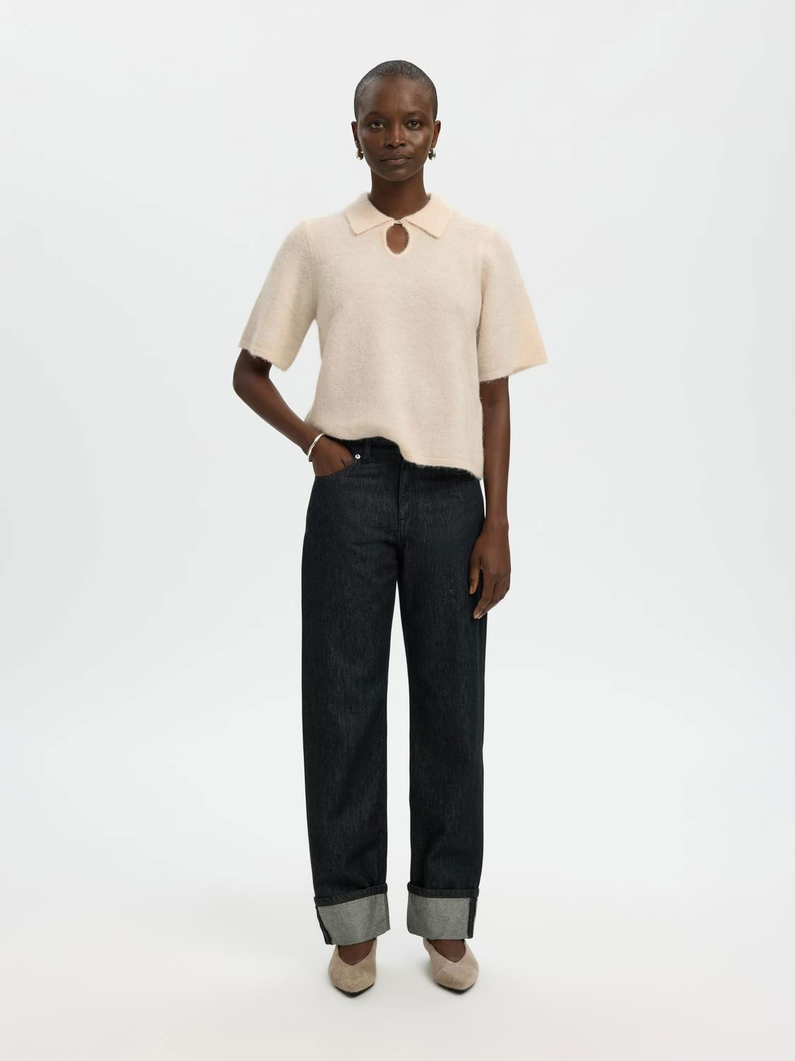 Slfsia Ras 2/4 Knit Key Hole Collar Neck Beige