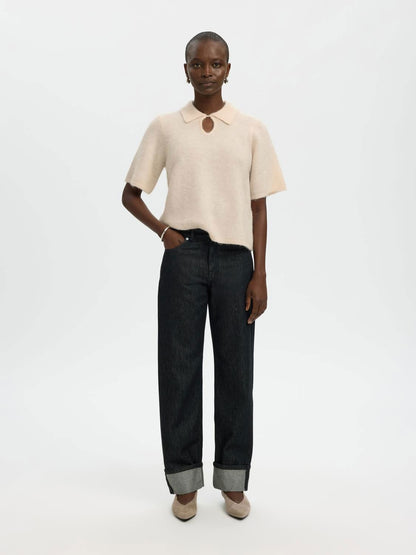 Slfsia Ras 2/4 Knit Key Hole Collar Neck Beige